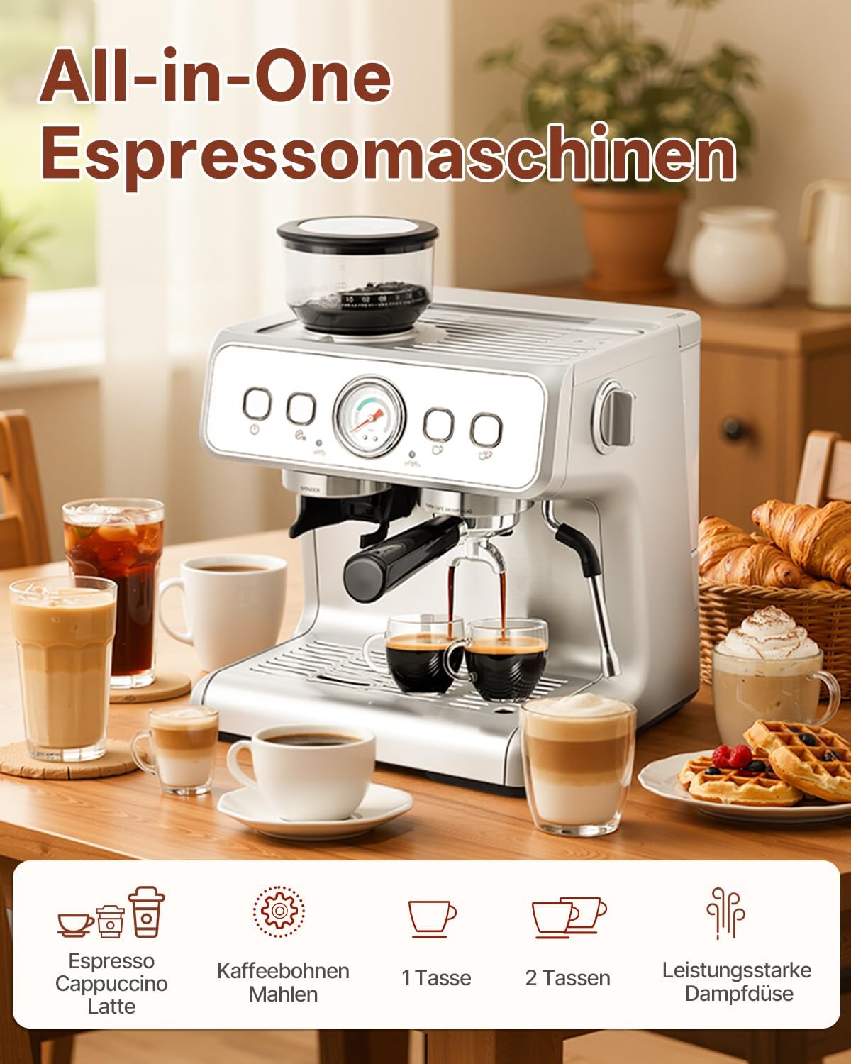 HAUSPROFI Siebträgermaschine mit integriertem Mahlwerk